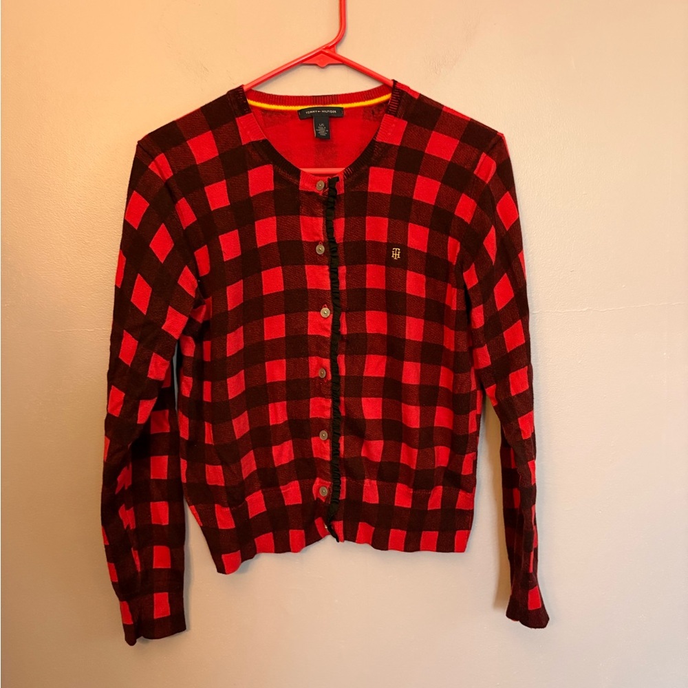Tommy Hilfiger Cardigan Sweater Womens Large Red Buffalo Plaid Button‎ Ruffle